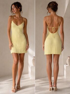 Meshki Yellow Ribbed Mini Dress – XS – Tie Back, Strappy